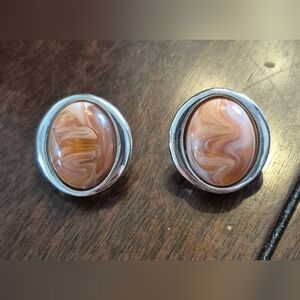 Vintage Marbled Lucite Oval Stud Earrings Silver Tone Mid Century Mod